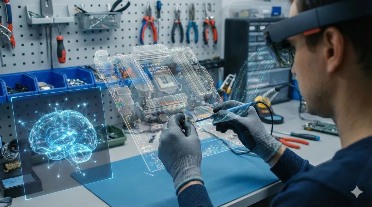 An AI-assessed performance task where the system observes a learner soldering a circuit board through AR.