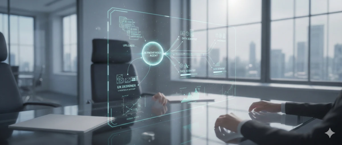 An AI pathfinding agent analyzing uploaded documents and mapping career trajectories across data science, UX design, and AI ethics paths.