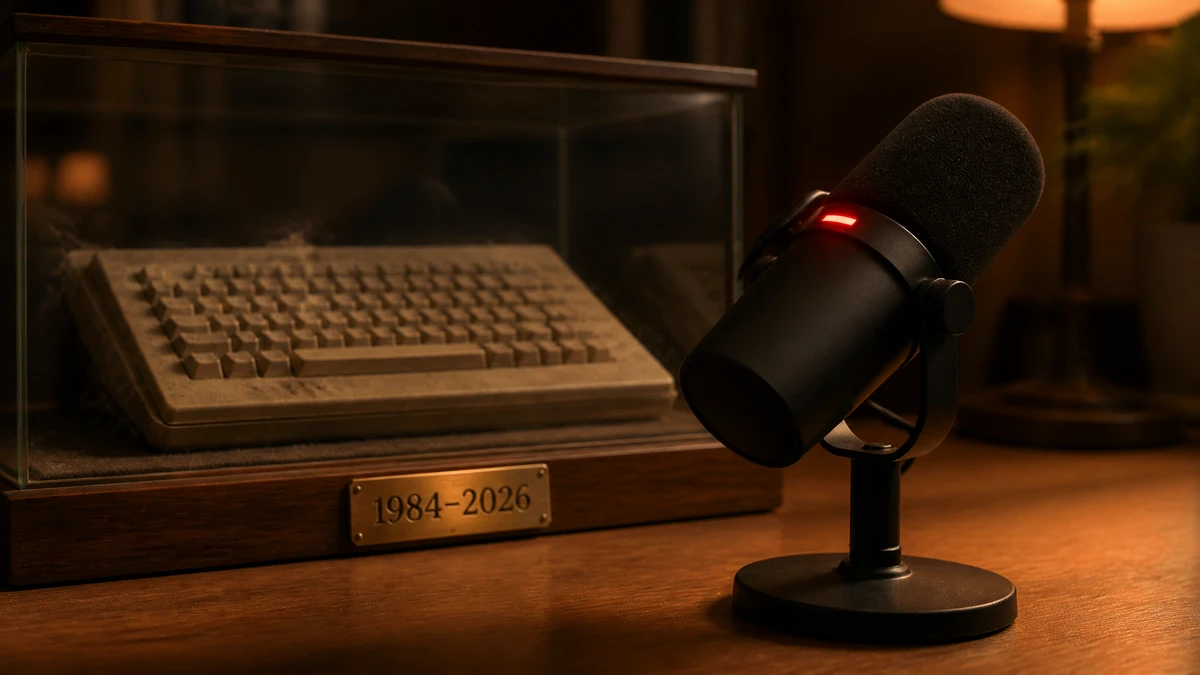 A vintage keyboard sits behind glass on a wooden desk with a brass plaque reading 1984–2026, while a modern cardioid condenser microphone, recording light glowing red, stands sharply lit in the foreground.