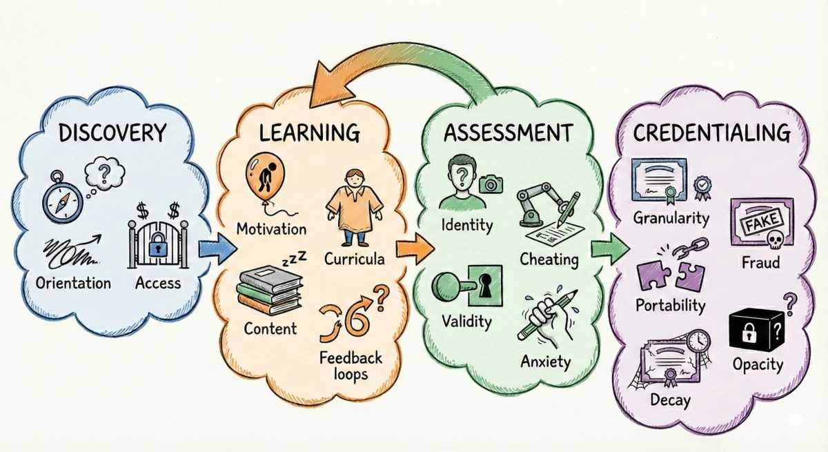 The four stages of the education value chain — Discovery, Learning, Assessment, and Credentialing — each with their pain points.