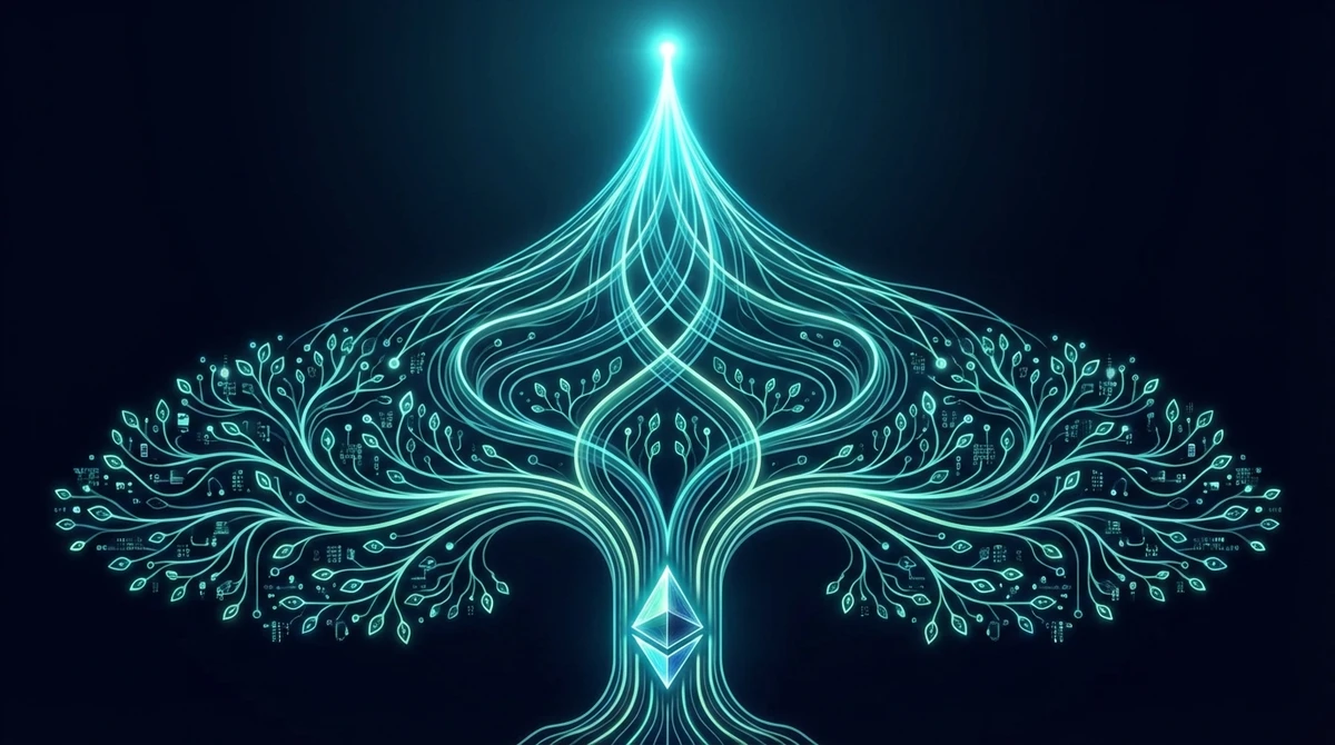 Verkle tree: smooth polynomial curves converging from many leaf nodes to a single glowing commitment point