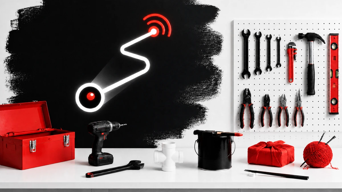 A bright workshop with a white workbench holding a red toolbox, cordless drill, paint can, red furoshiki bundle, yarn, and chopsticks. On the wall, a hand-painted black patch carries the Waza logo as a neon sign: a white zigzag line from a camera lens to glowing red signal arcs.
