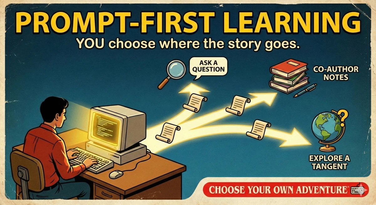 A prompt-first learning system where conversation adapts in real-time to the learner's gaps and questions.