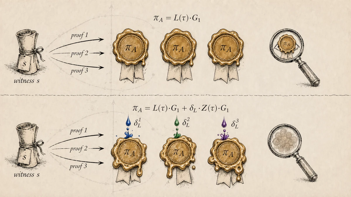 Same witness yields three identical gold wax-seal commitments without blinding (attacker's lens matches), versus three distinct seals with independent blinding droplets (attacker's lens sees only a fog of candidates)
