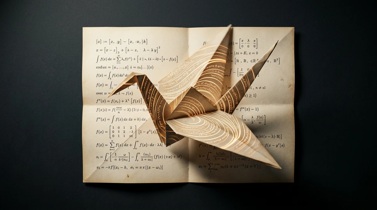 Origami crane folded from a sheet of mathematical notation