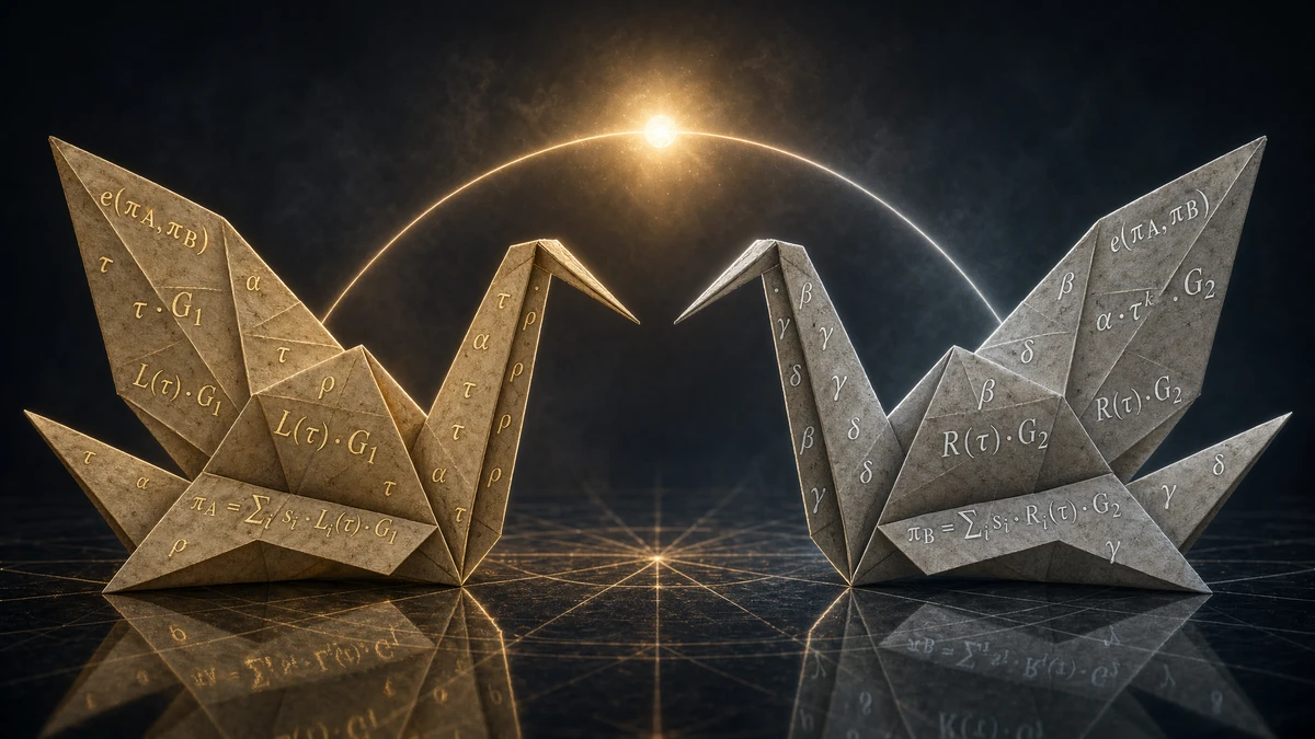 Twin origami cranes engraved with pairing equations, meeting at a luminous focal beam