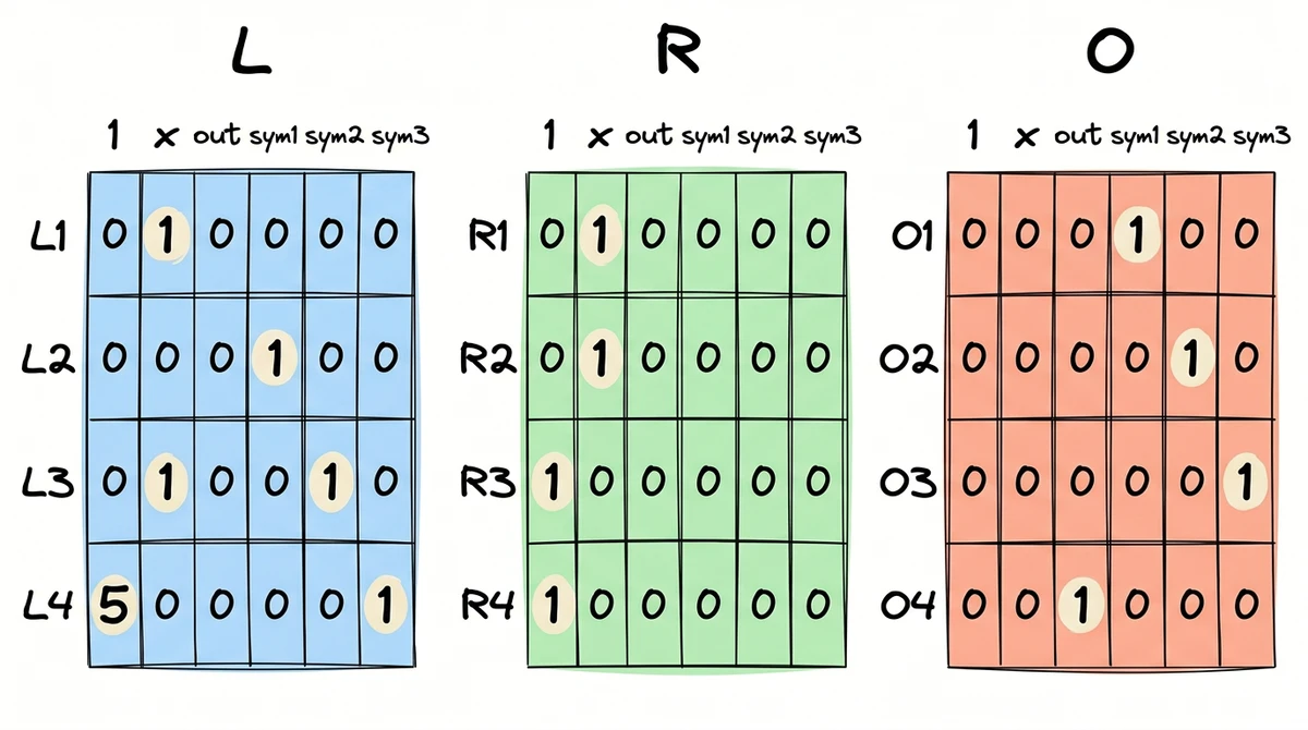The three R1CS matrices L, R, and O with row labels and highlighted non-zero entries
