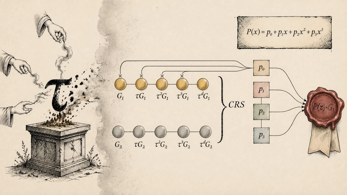 Trusted setup burns τ into the CRS rails of G₁ and G₂ points; four polynomial coefficients pair with gold points and converge into a wax-sealed commitment P(τ)·G₁